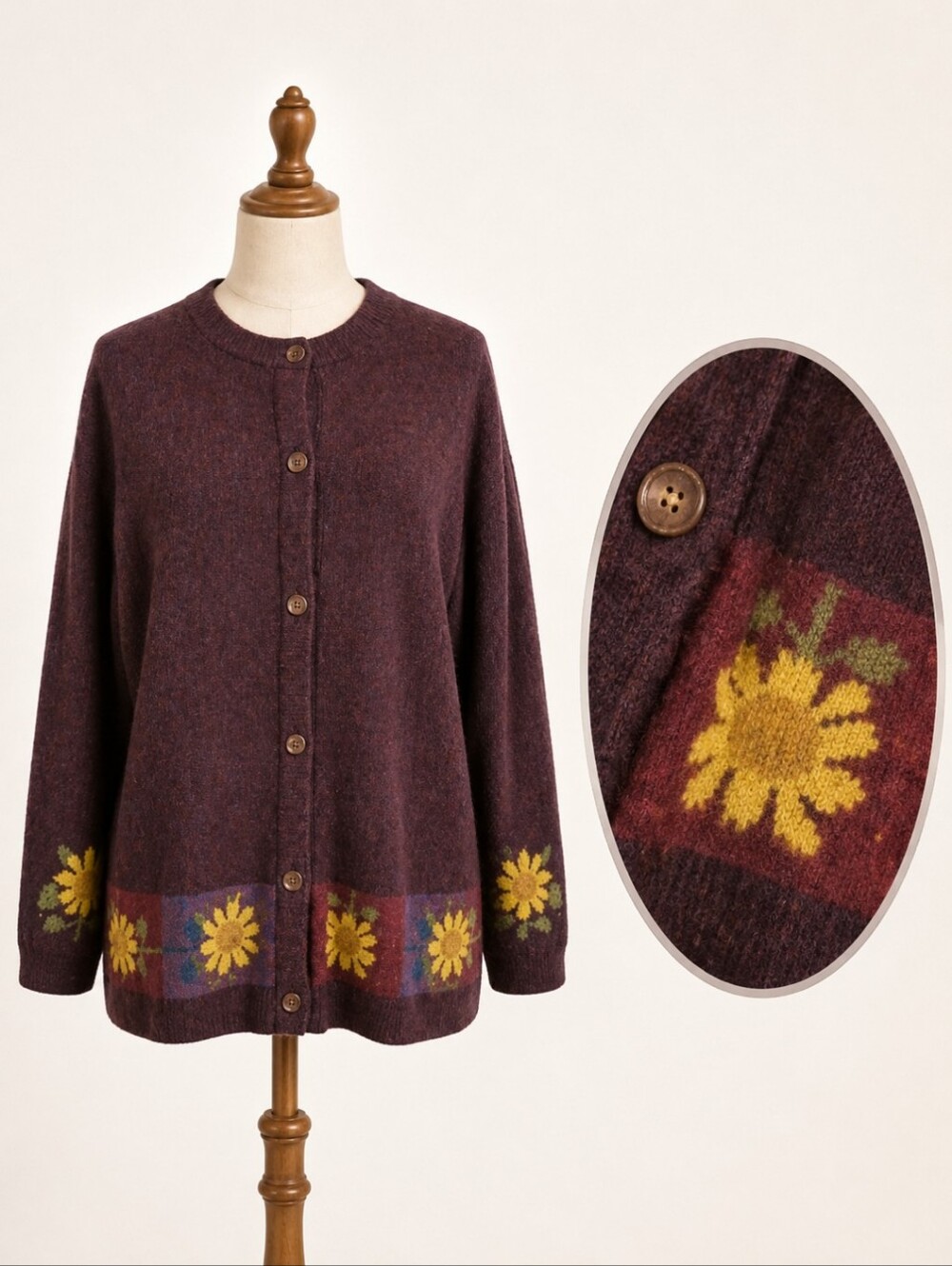 Vtg alpaca Quality Cardigan Daisy flower border Cottagecore merlot Brown  Sz M